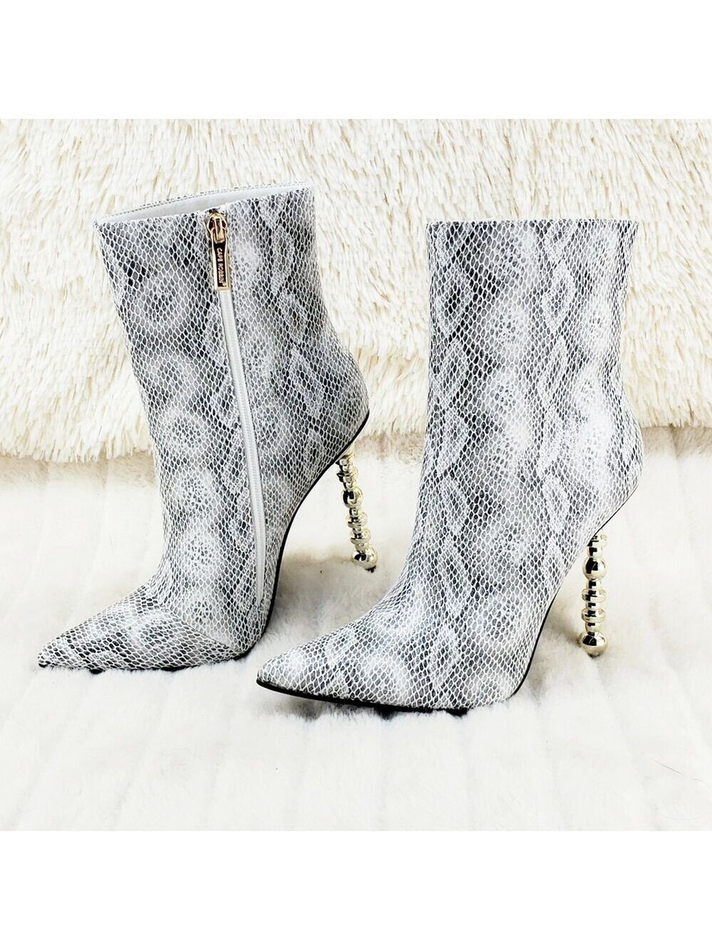 NIB 5" Geo Deco High Heel White Snake Print Pointy Toe Ankle Boots Shawna